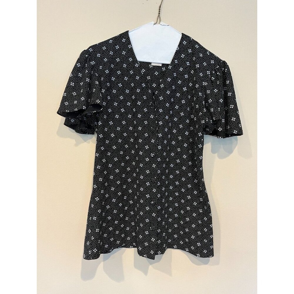 Vintage Blondie and Me Black Button Up with White Geometric All‎ Over Print